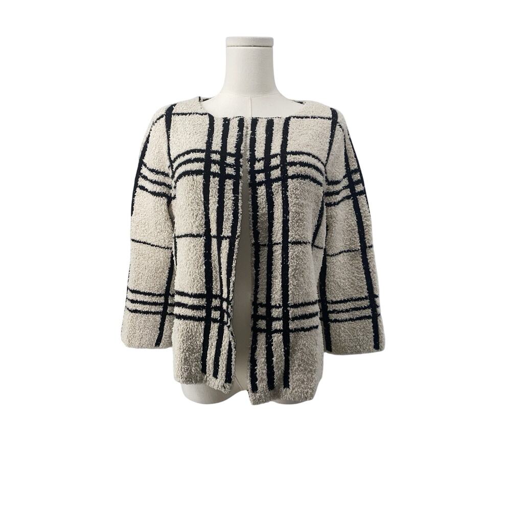 Chico’s Cardigan Sz 1 Ivory Black Fuzzy Plaid 3/4 Sleeve Open Front Crop Womens